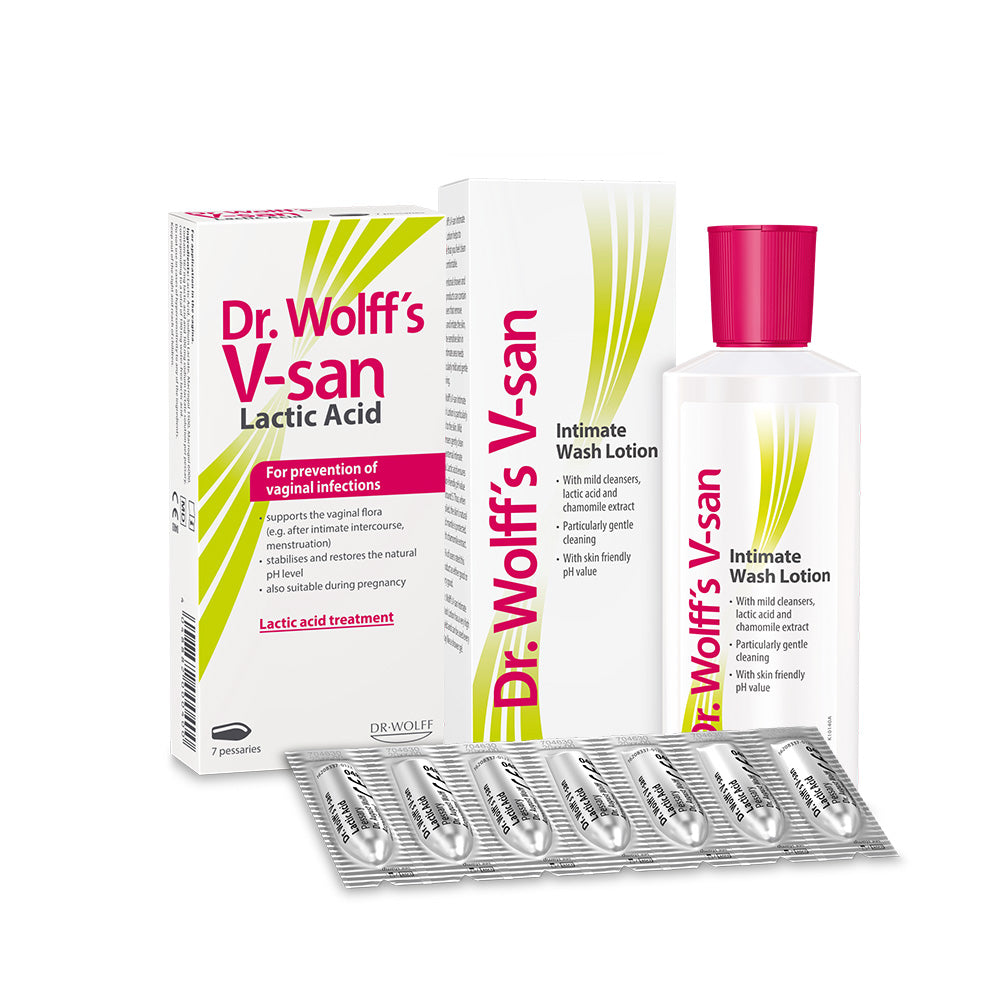 Dr. Wolff's V-san Prevention Set- Lactic acid 7 Pessaries +Intimate Wash Lotion 200 ml