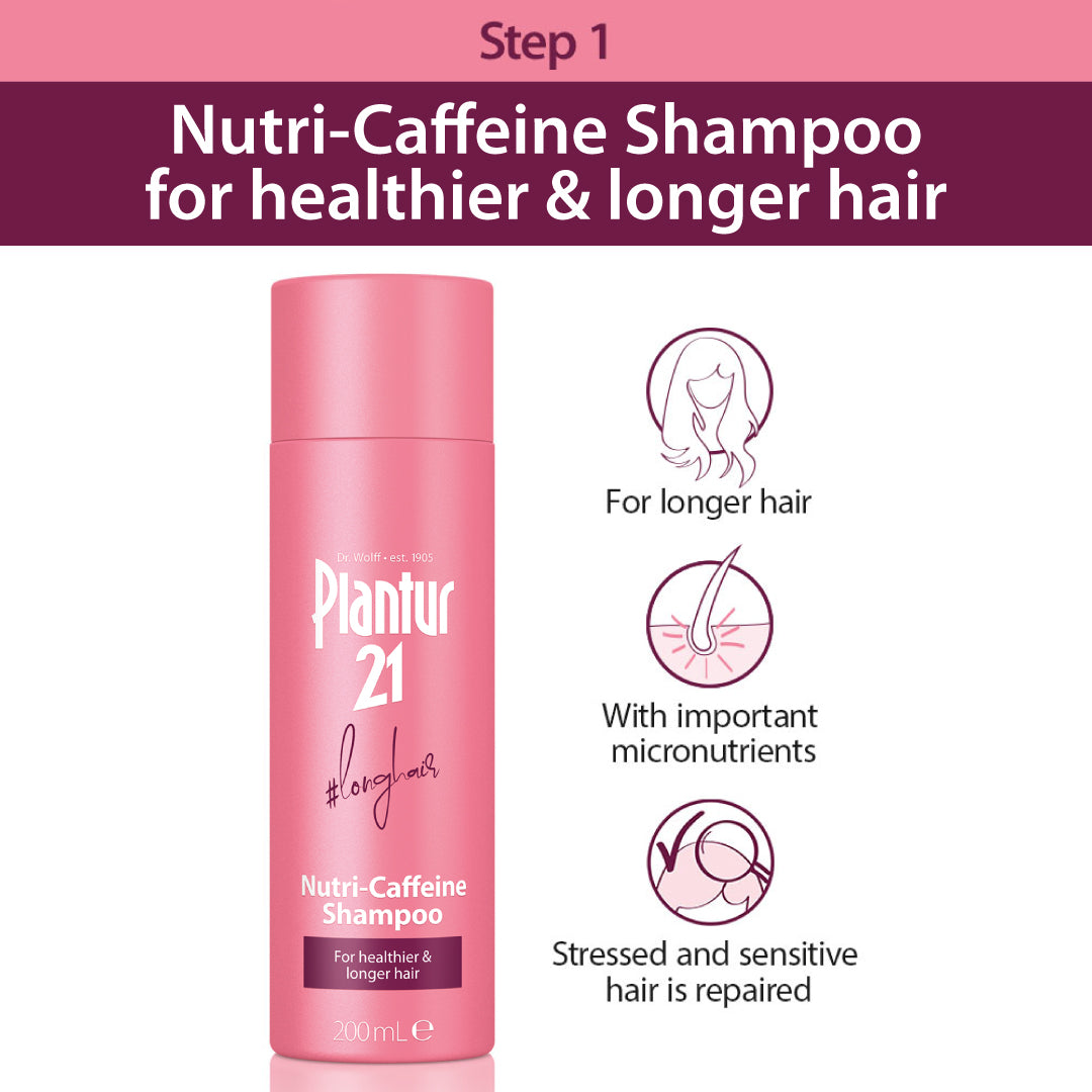 Plantur 21 #longhair Nutri-Caffeine Shampoo, Conditioner, Booster for Naturally Long Hair complete care bundle  - step one use shampoo