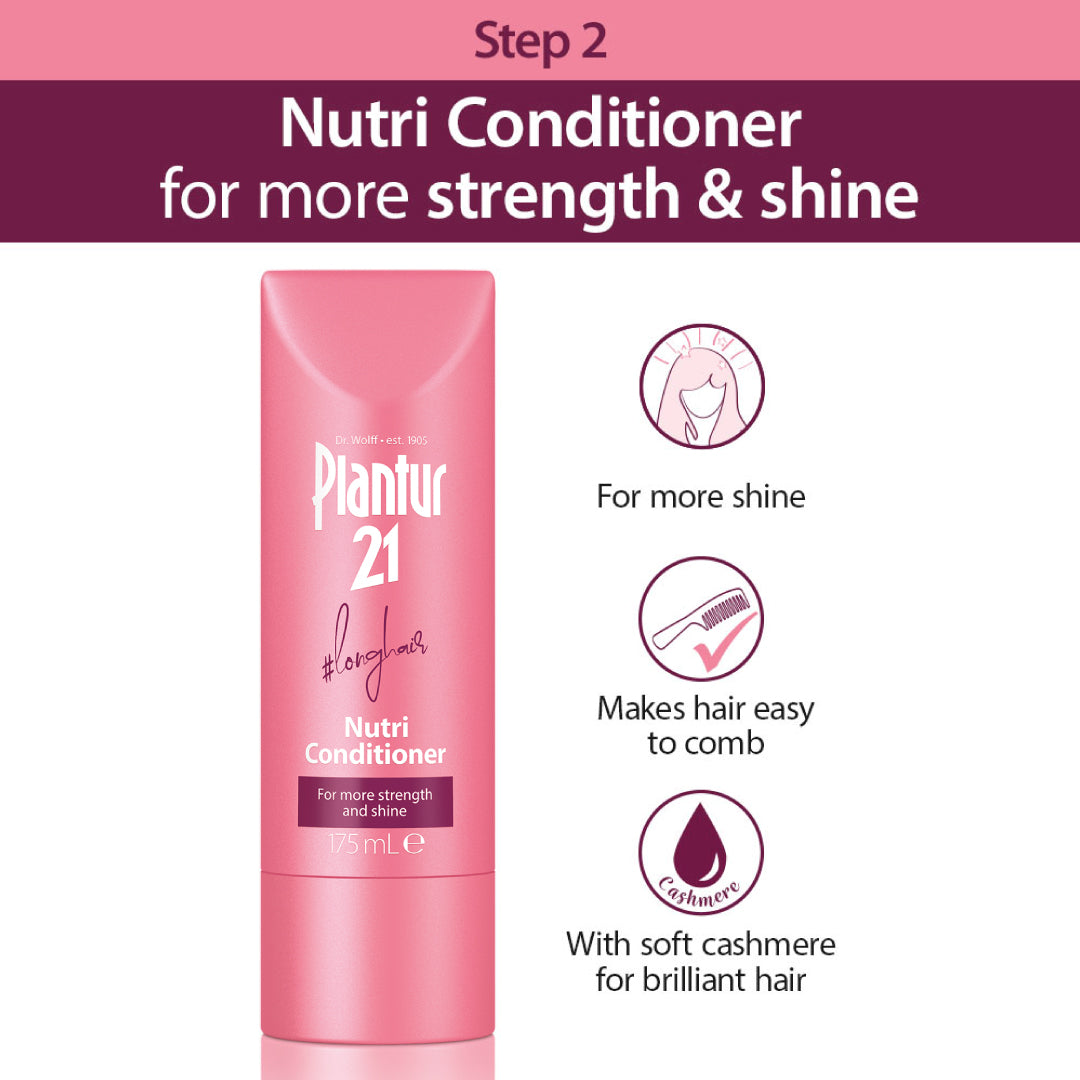 Step 1 wash with the Plantur 21 nutri-conditioner for more strength and shine