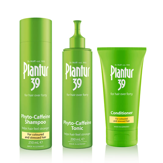 Plantur39Care-freePackageforColouredandStressedHair-AddsVolume_Strength. This bundle contains one of each Plantur 39 Phyto-Caffeine Shampoo For Coloured & Stressed Hair 250ml, Plantur 39 Conditioner For Coloured & Stressed Hair 150ml, Plantur 39 Phyto-Caffeine Tonic 200ml