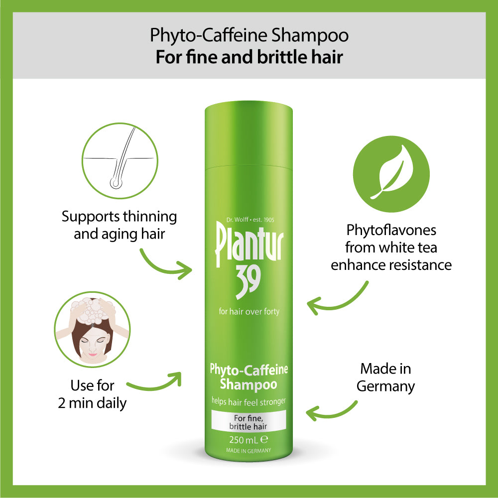 Plantur 39 phyto caffeine shampoo fine brittle hair. Supports thinning and ageing hair