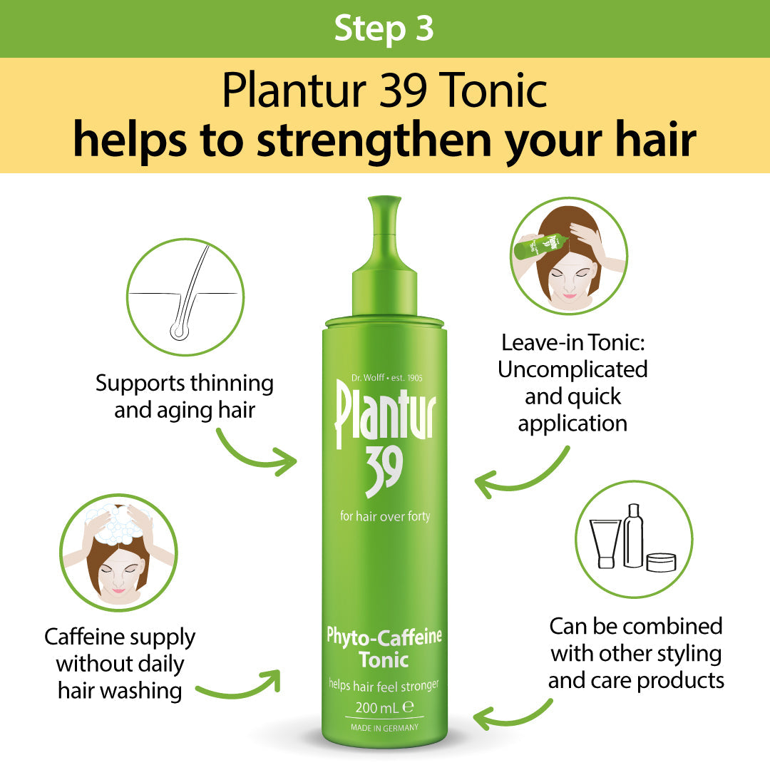 Plantur 39 Tonic is designed to leave in everyday to help support againast hair thinning and aging.
