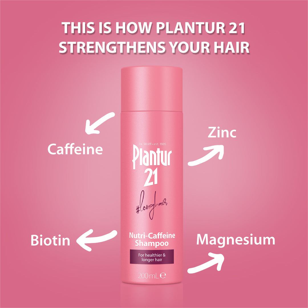 This is how Plantur 21 strengthens your hair with is nutri-caffeine formula with caffeine, zinc, biotin and magnesium