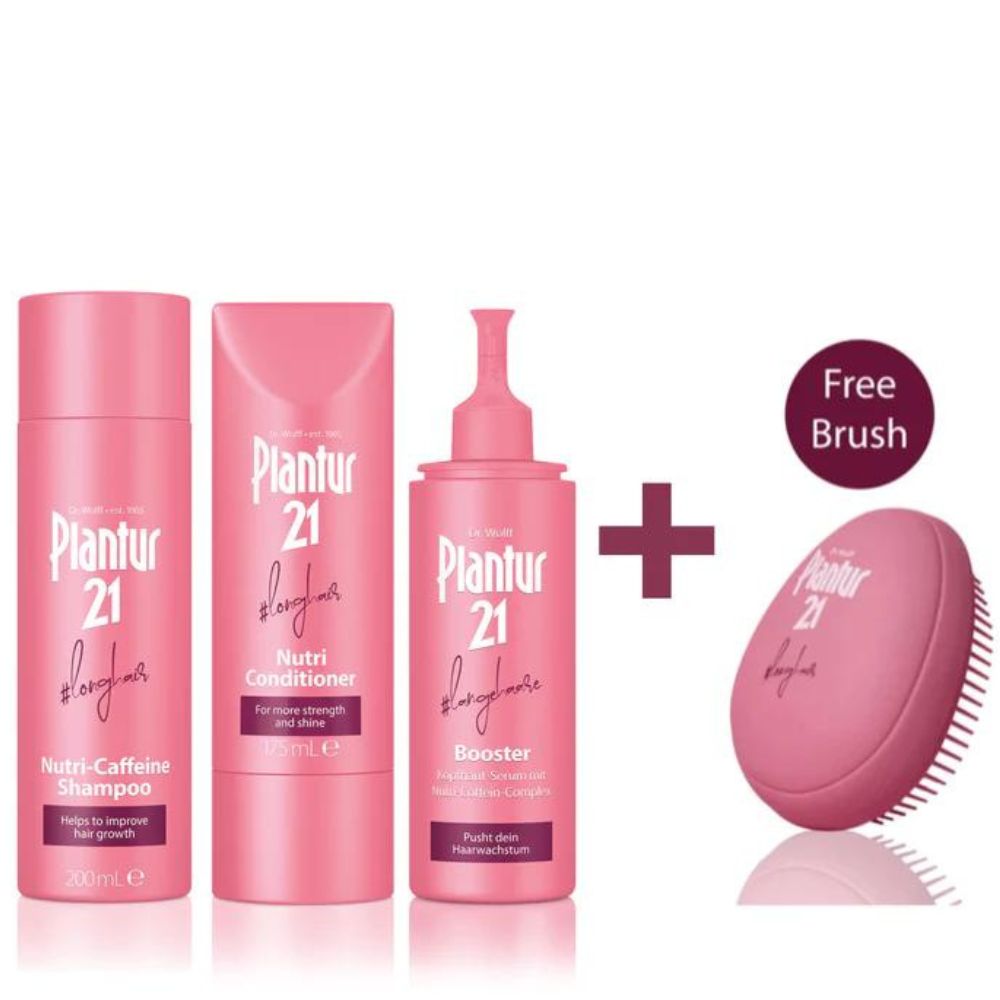 Plantur 21 #longhair Nutri-Caffeine Shampoo, Conditioner, Booster for Naturally Long Hair complete care bundle with FREE Detangling Brush worth $15
